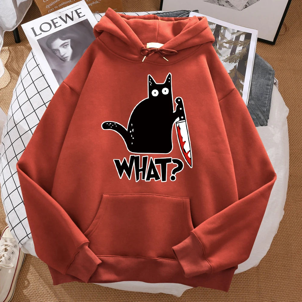 Autumn What Cute Little Black Cat Holding A Knife Print Men Hoodie Street Fleece Hoody Hipster Sweatshirt Hip Hop Woman Pullover