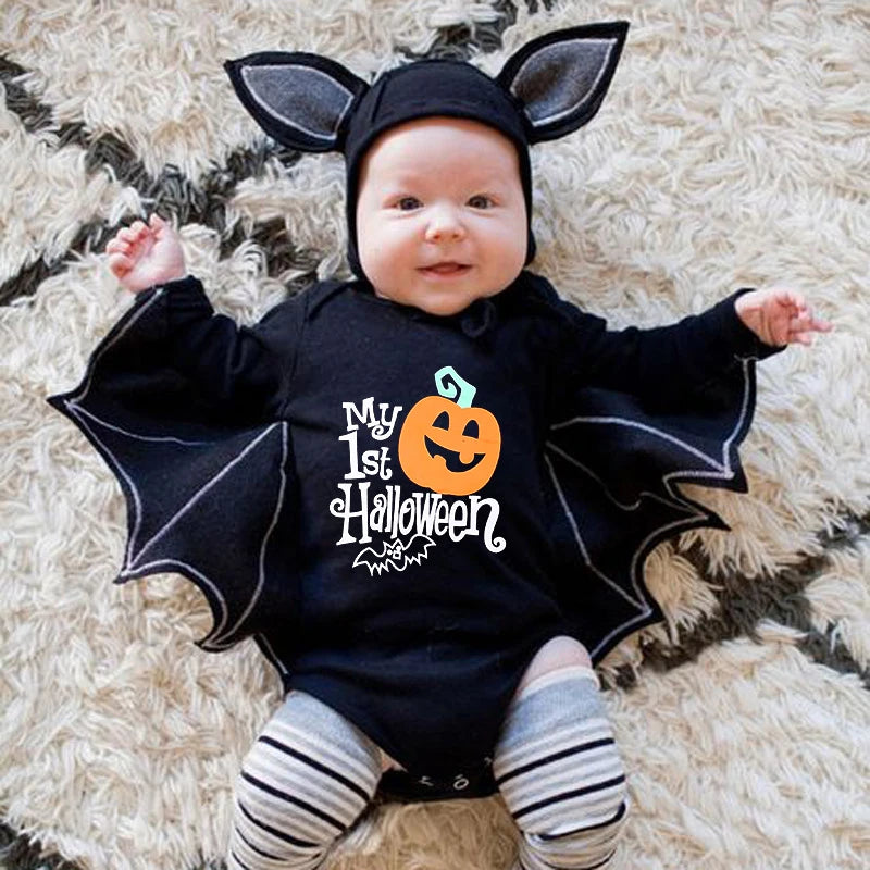 2025 Baby Halloween Romper Print Hat+Romper Bat Cosplay Costume Bag Gift Boy Girl Bone Pumpkin Bodysuit Vampire Clothes
