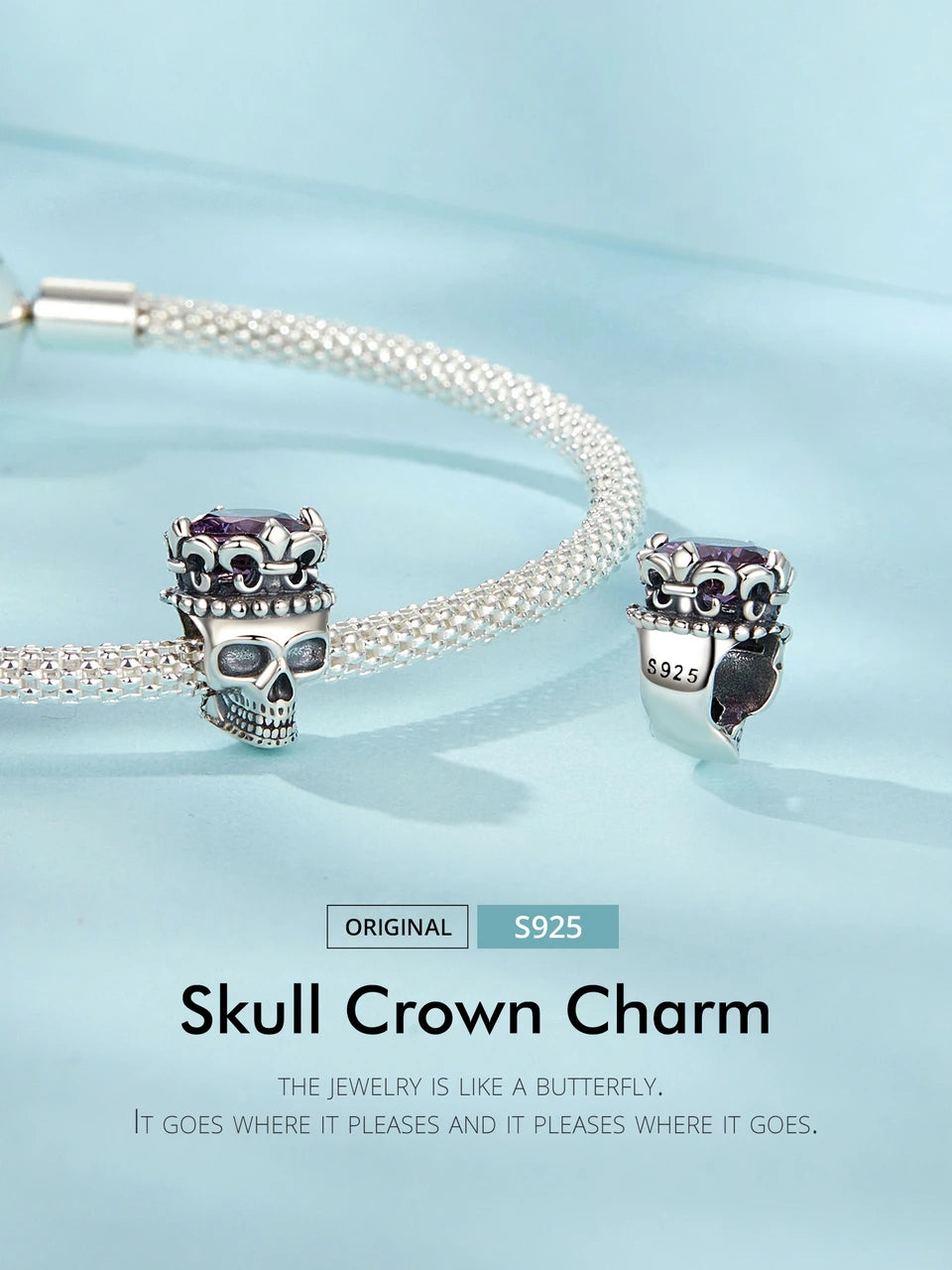 BAMOER 925 Sterling Silver Skull Beads Crown Charms for Women Halloween Jewelry Gift Bracelet Necklace DIY Accessories