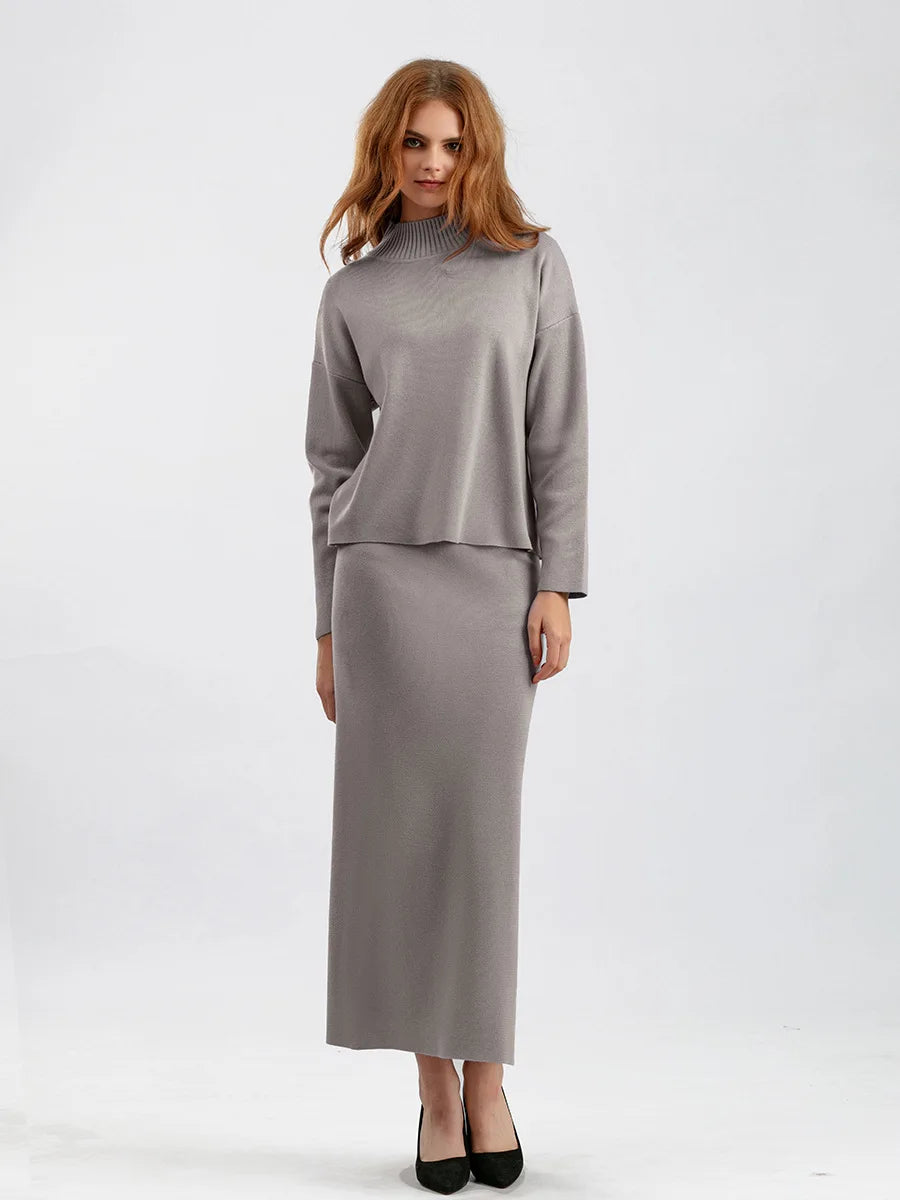 Autumn Women Split Knitted Skirt Suit Fashion Casual Loose Sweater Long Skirts 2 Piece Set Women Outifits Elegant Winter NS5967