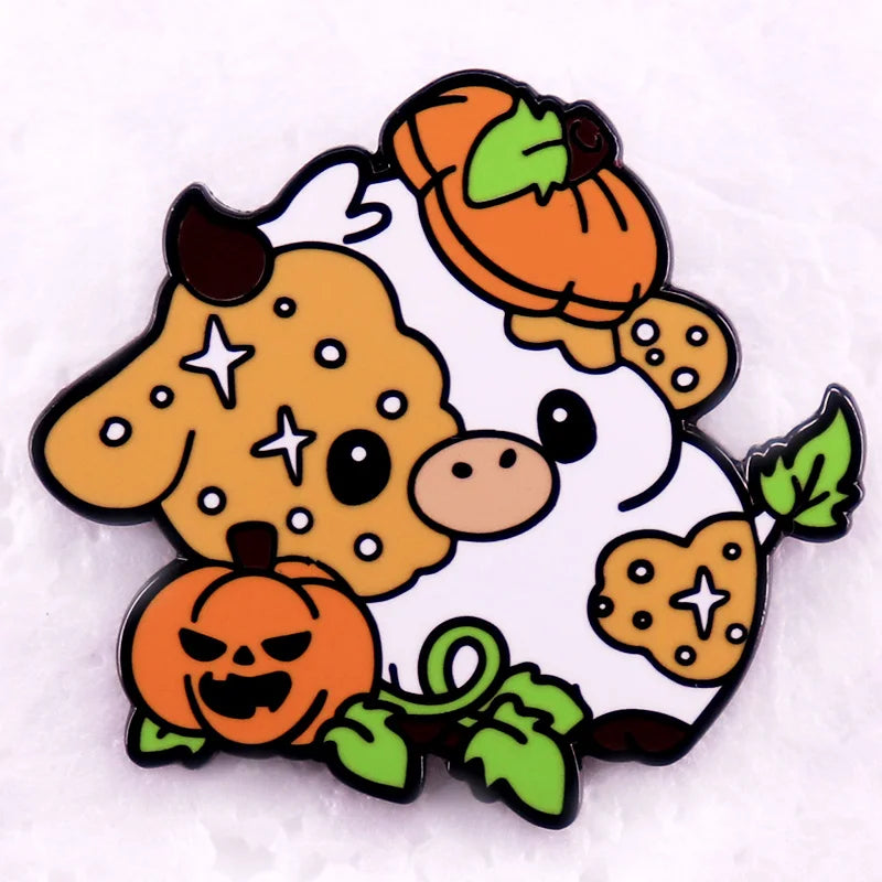 Pumpkin Cow Enamel Pin Halloween Cow Brooch Badge Cute Kawaii cow pin