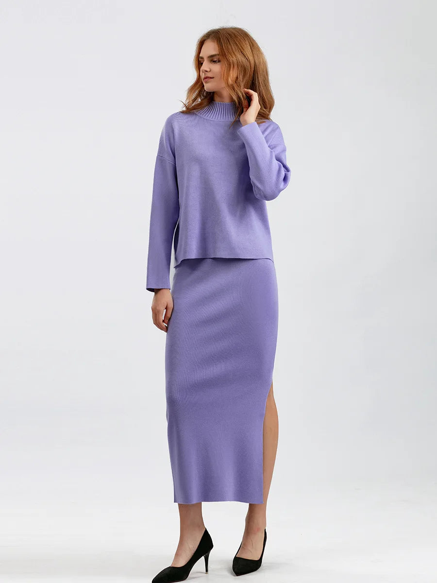 Autumn Women Split Knitted Skirt Suit Fashion Casual Loose Sweater Long Skirts 2 Piece Set Women Outifits Elegant Winter NS5967