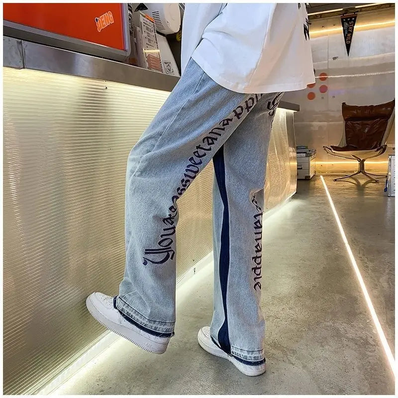 2025 European Men's jeans Neutral Wide Leg Denim Trousers Loose Straight letter print Baggy Man Jean Pants Casual Baggy hip hop
