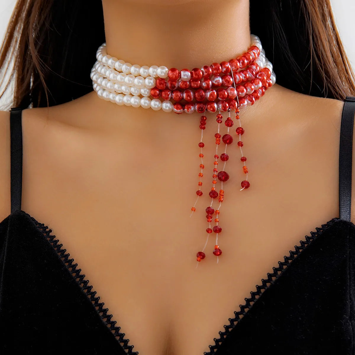 Multilayer Vintage Red Blood Pattern Imitation Pearl Tassel Pendant Necklace for Women Goth Crystal Bead Chain Halloween Jewelry