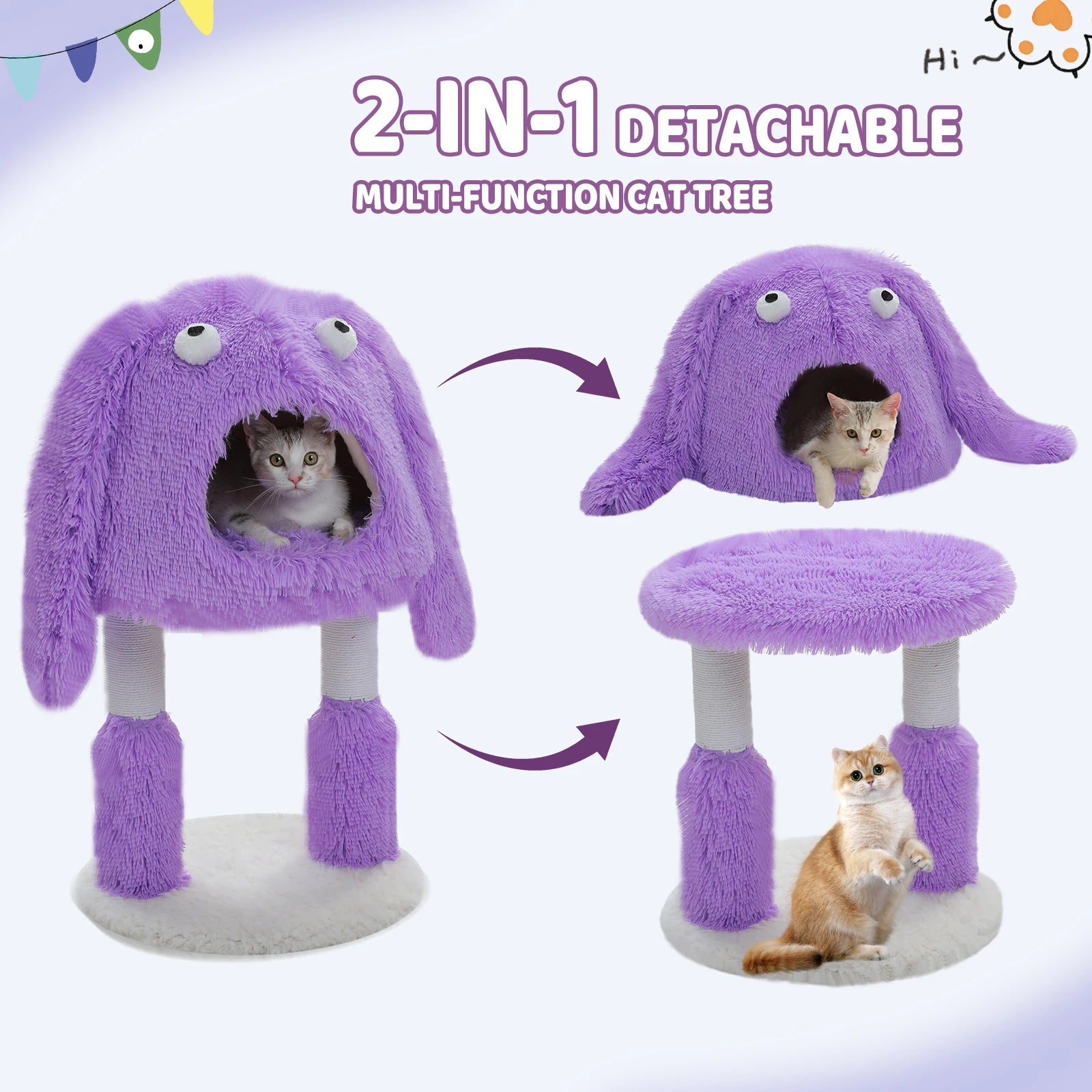 2 in 1 Cat Tree with Natural Sisal Scratching Posts, Cute Plush Small Cat Tower, Large Cat Condo for Indoor, Kitten Bed House