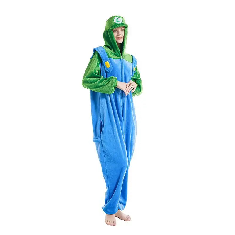 Flannel Zipper New Red Green Super Brother Kigurumi Adult Onesie Cartoon Pajama Animal Halloween Funny Jumpsuits Hooded Pyjamas