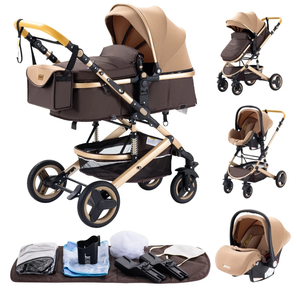 New Luxury Baby Stroller 3 in 1 Portable Travel Baby Carriage Fold Pram High Landscape Aluminum Frame Newborn Infant Stroller