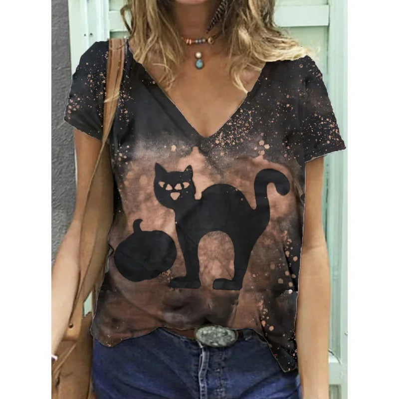 Halloween Cat Ghost 3D Print T-Shirts Women Casual V-Neck Short Sleeve T Shirt Y2k Tops Harajuku Oversized Tees Woman Clothing