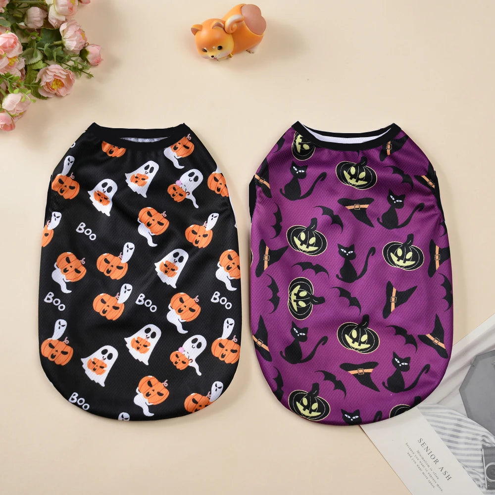 Halloween Pumpkin Print Dog Clothes For Small Medium Dogs Cats Breathable Pet T-shirt Chihuahua French Bulldog Puppy Costumes