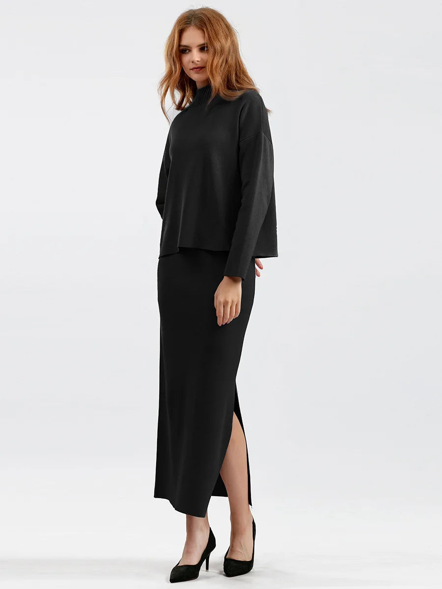 Autumn Women Split Knitted Skirt Suit Fashion Casual Loose Sweater Long Skirts 2 Piece Set Women Outifits Elegant Winter NS5967