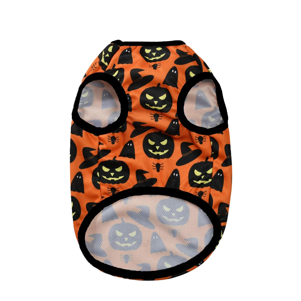 Halloween Pumpkin Print Dog Clothes For Small Medium Dogs Cats Breathable Pet T-shirt Chihuahua French Bulldog Puppy Costumes