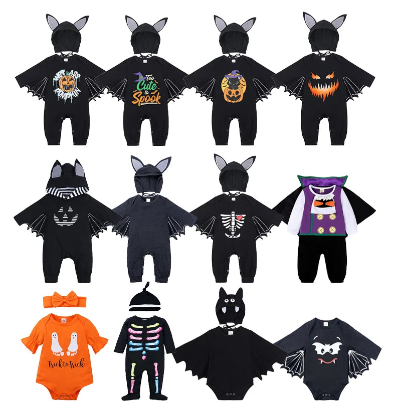2025 Baby Halloween Romper Print Hat+Romper Bat Cosplay Costume Bag Gift Boy Girl Bone Pumpkin Bodysuit Vampire Clothes