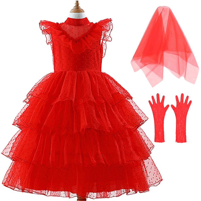 Lydia Deetz Red Horror Ghost Bride Cosplay Dress Girls Tulle Gown+Veil+Gloves For Kids Halloween Christmas Party Dress Up 3-14Y