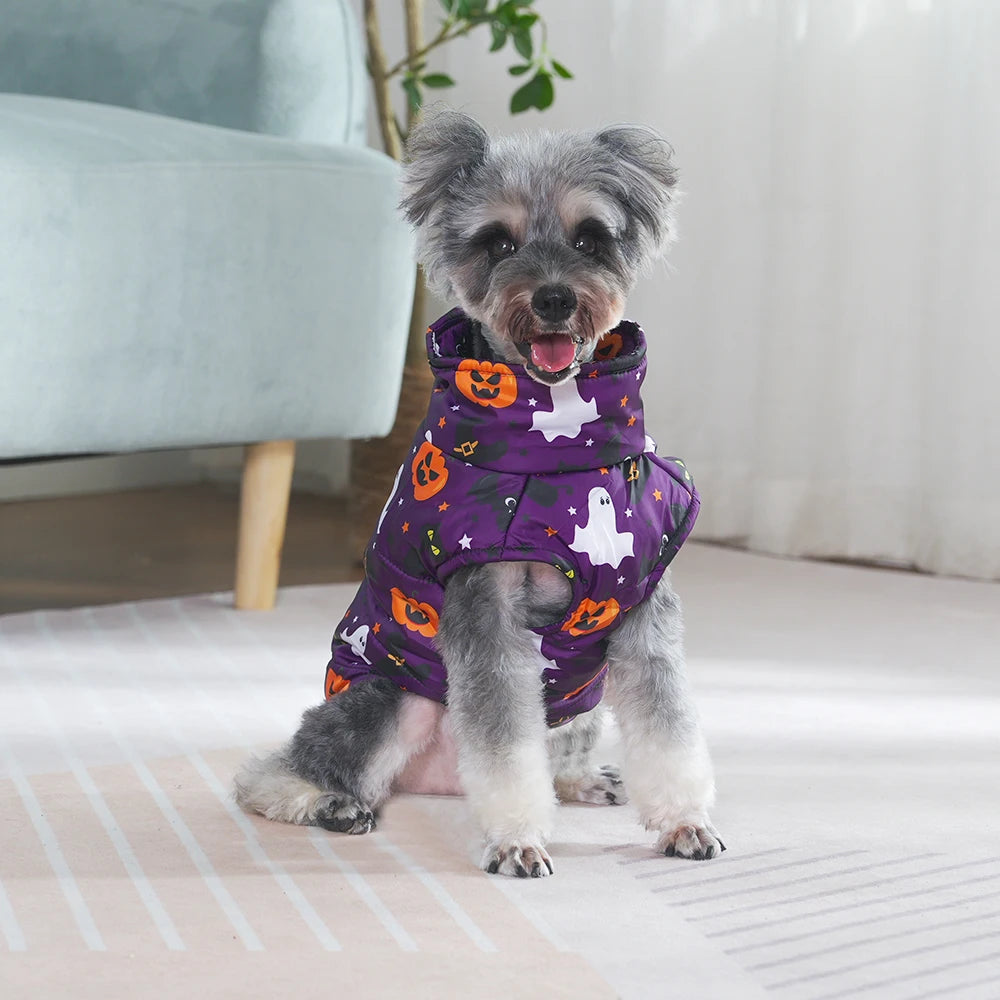 Winter Dog Clothes Small Medium Dogs Halloween Pet Jacket Party Puppy Costume Warm Pumpkin Print Pet Coat Schnauzer Vest Coat