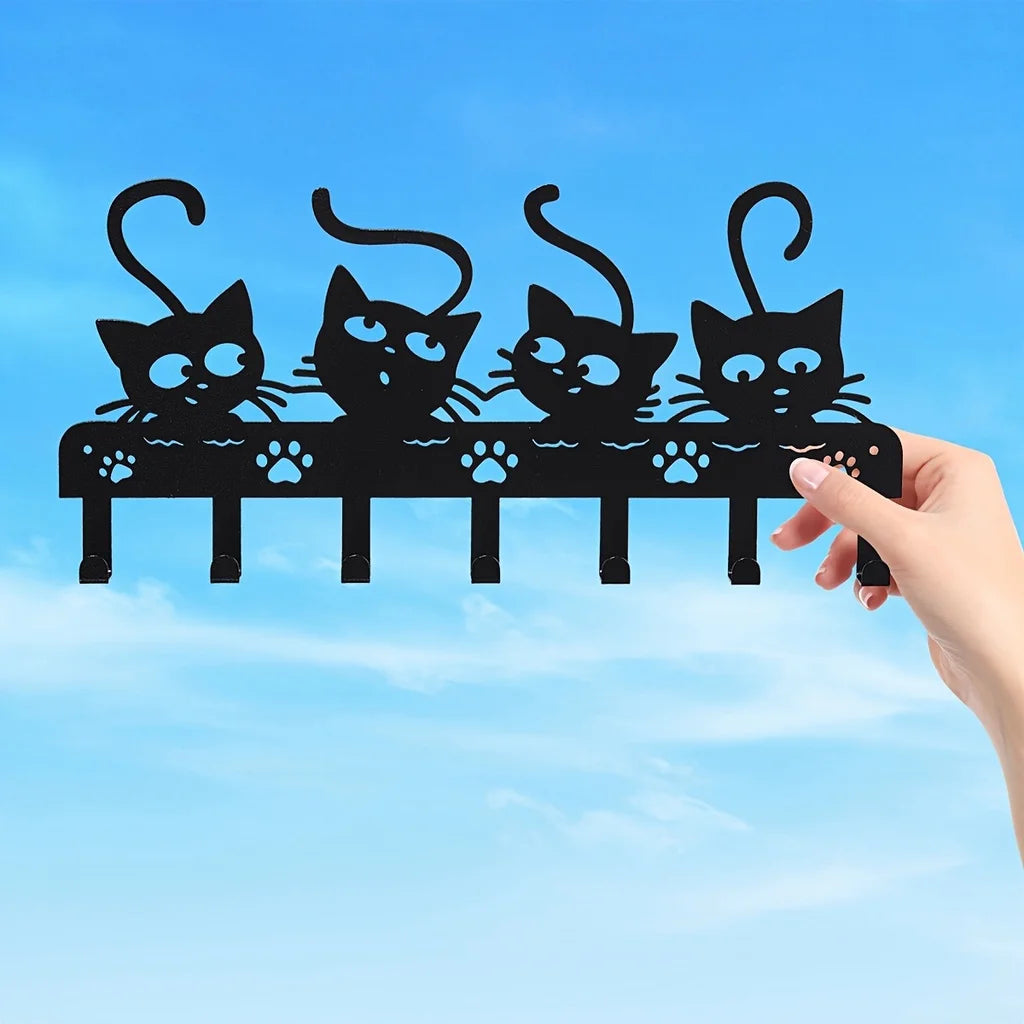 CIFBUY Black Cats Wall Hooks Key Holder Halloween Cats Decorative Hooks Rack Hangers Iron Hook Wall Mounted Hooker With 7 Hooks